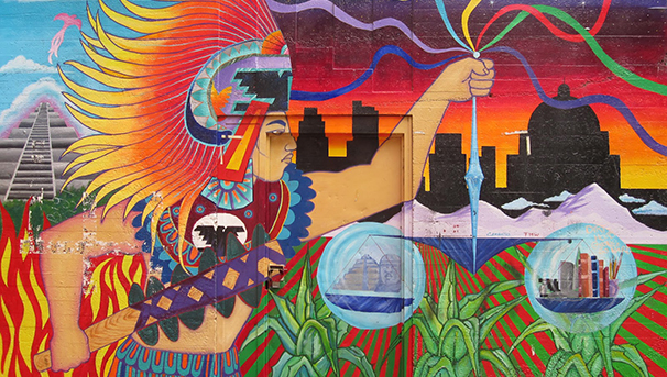 detail of painted mural with Aztec figure