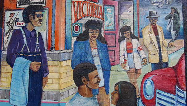 detail of mural with figures wearing zoot suits