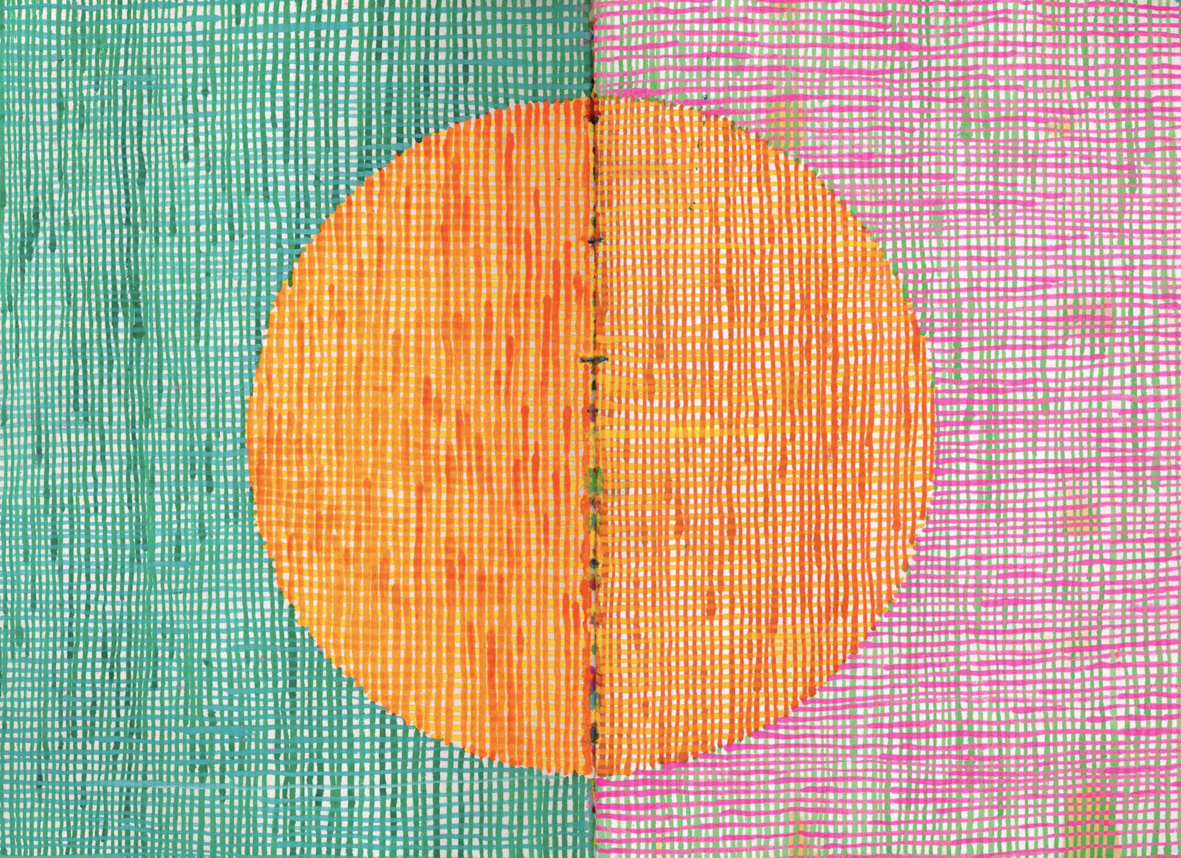 colored drawing with orange circle and crosshatch pink and green background