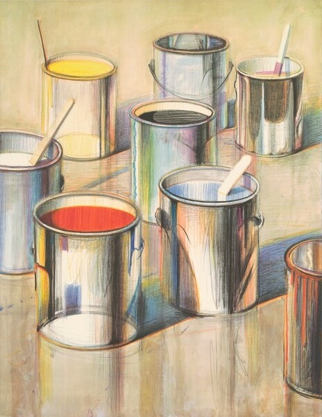 4 paints cans open and spilling paint