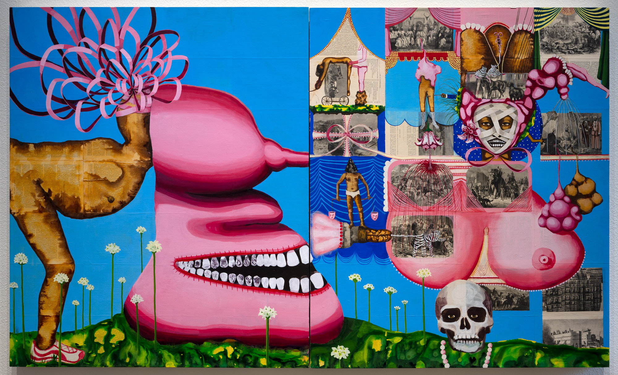 figure form standing looking into breast form bright pinks and blues