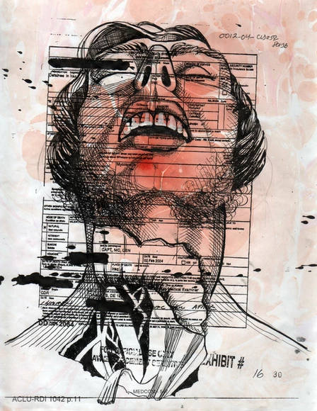 illustration of head and neck over marbled pink and white paper with text