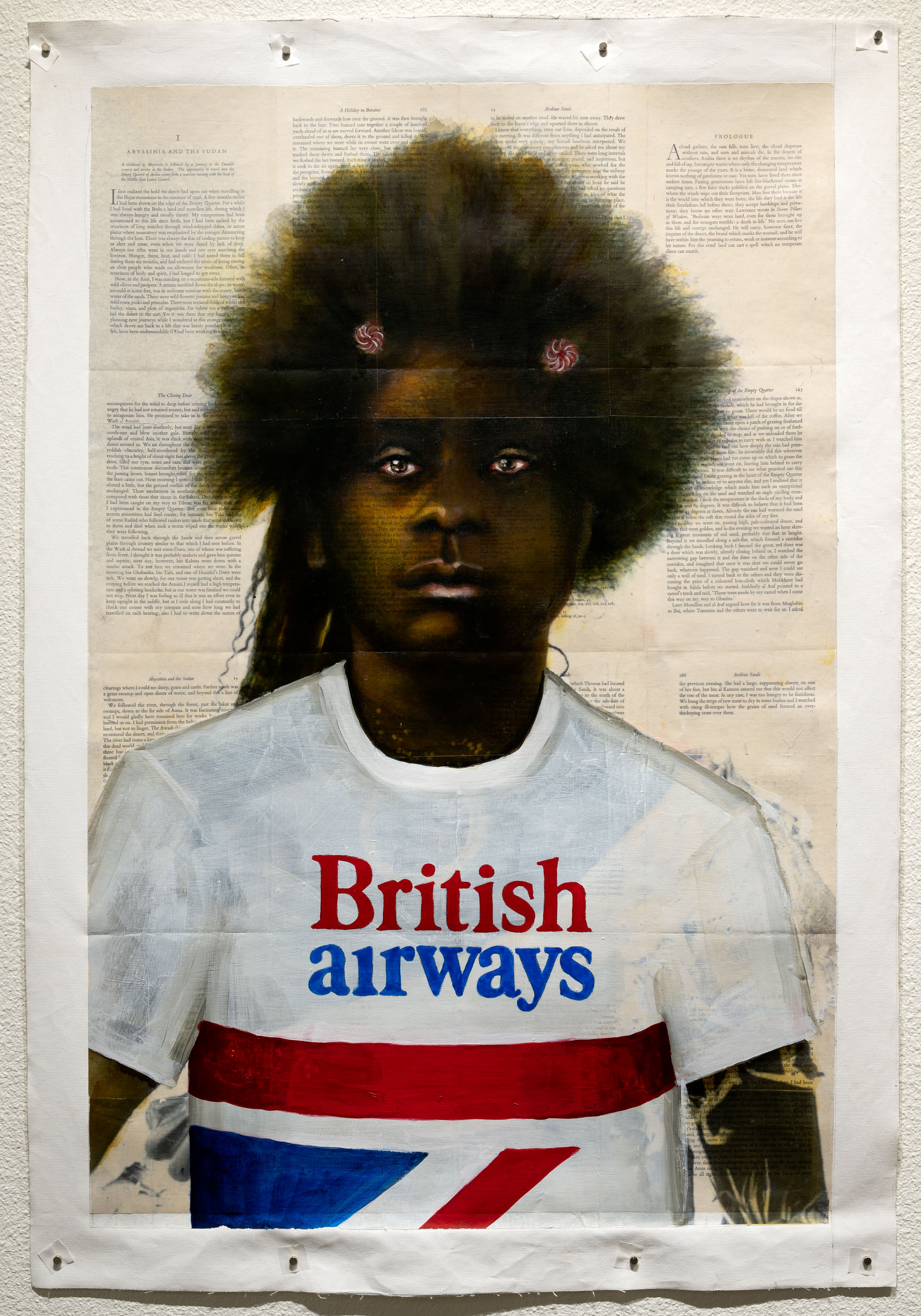 altered portrait of migrant/traveler with painted t-shirt and hair ribbons